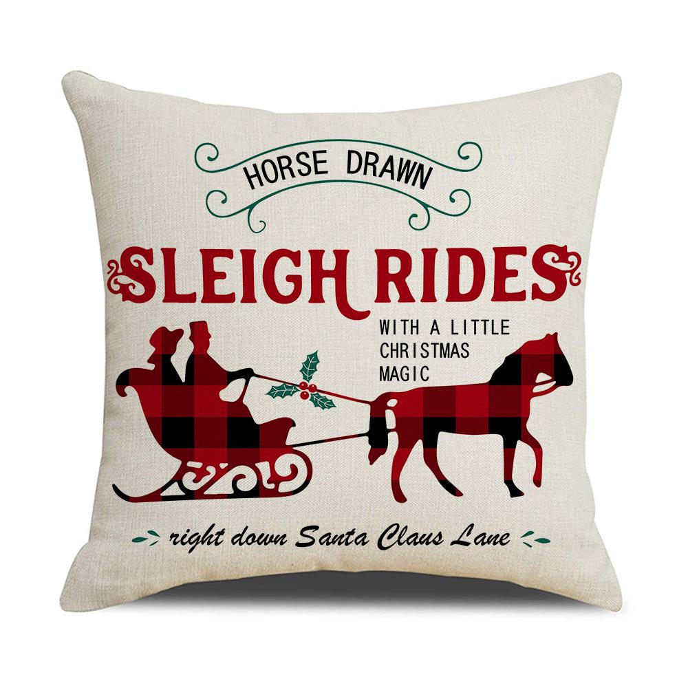 Red and Black Plaid Christmas Pillow Holiday Pillow Cover Linen Cartoon Print Holiday Cushion Cover