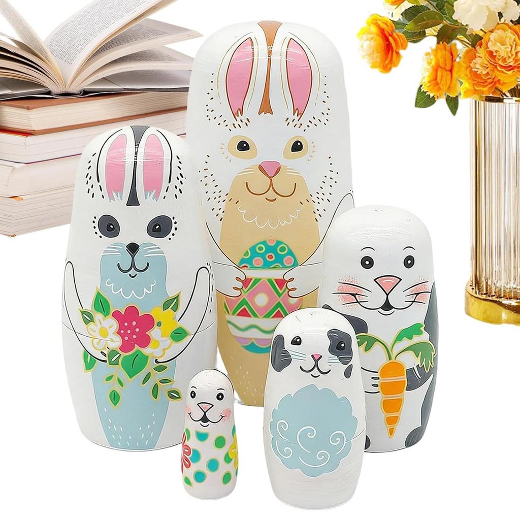 5 Pcs Easter Nesting Dolls Rabbit Family Nesting Dolls for Kids Wooden Dolls for Boy Girl Home Bedroom Playroom Spring Birthday