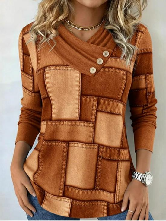 Autumn/Winter European & American V-neck Pullover Women's Long Sleeve Printed T-shirt