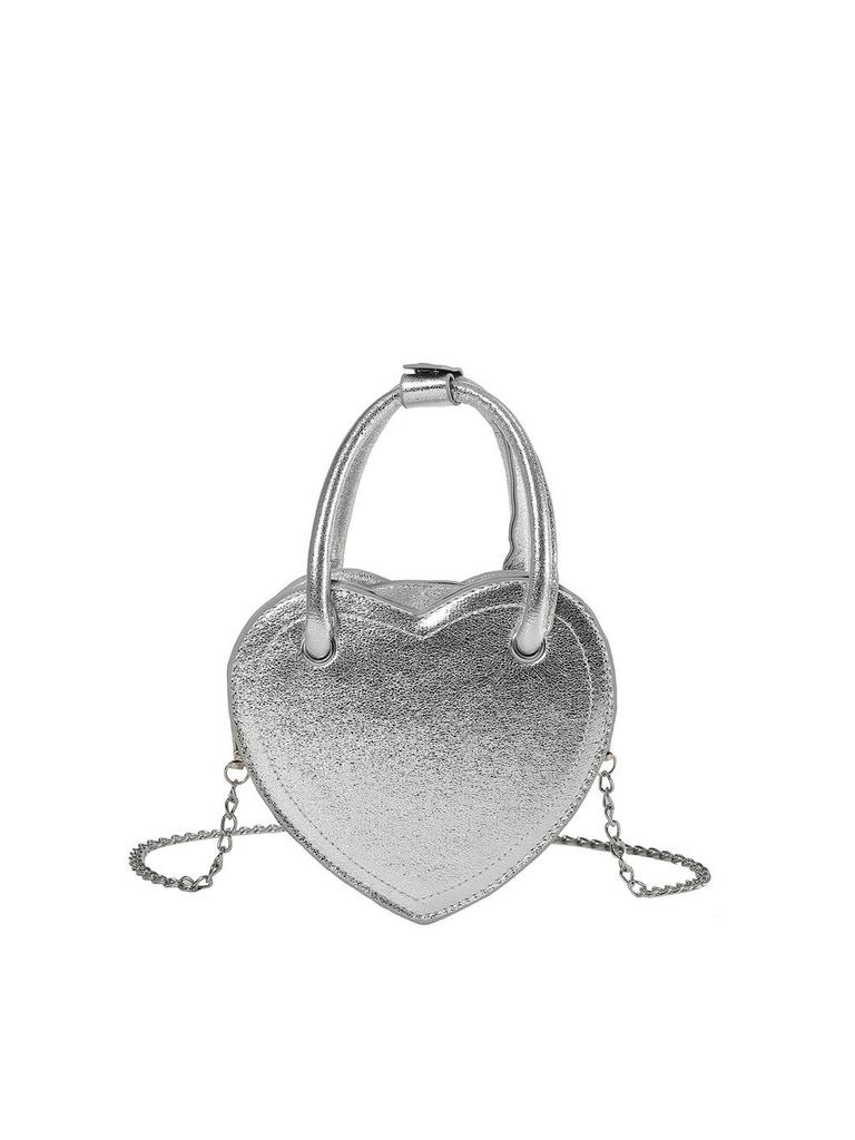 Street Chic Pu Small Square Bag Trendy Heart-shaped Zipper Closure Shoulder Bag Silver