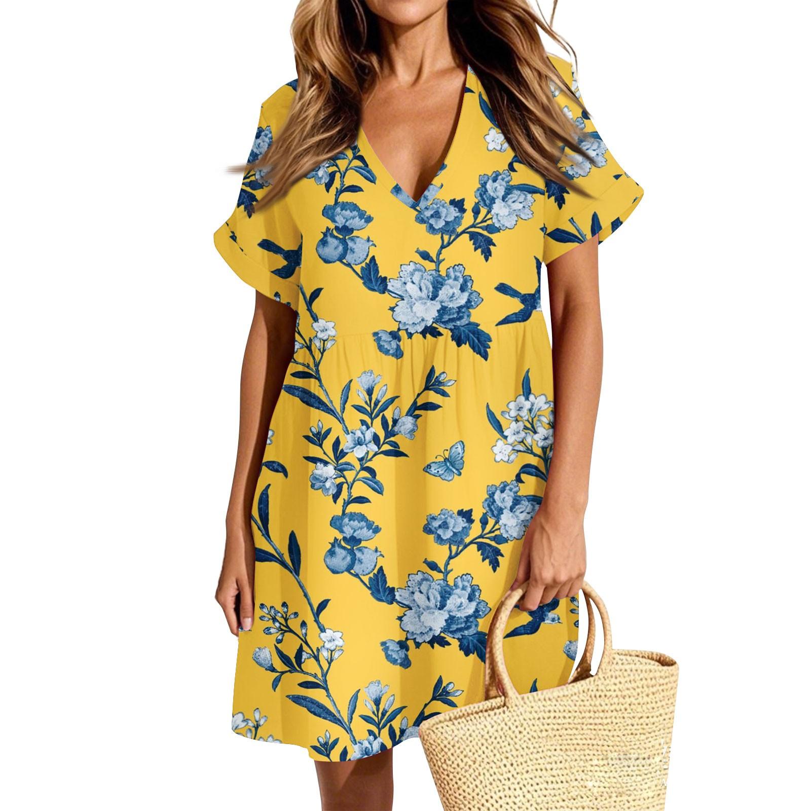 

Женское повседневное модное платье с винтажным цветочным принтом и коротким рукавом и V-образным вырезом XL жёлтый