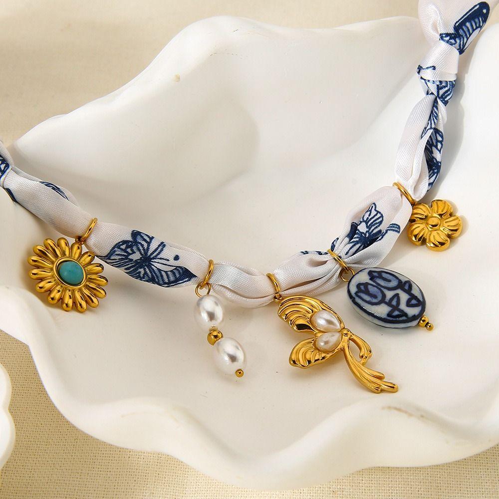 Starfish Cloth Wrap Scarf Chain Necklace Flower Dopamine Necklace Beach Ocean Series Necklace  Male