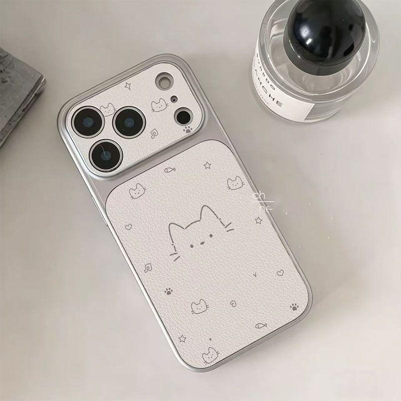 

Apple 17 Pro Max Musical Note Cat Window Phone Case - Silver Frame, Leather Texture, Full Coverage for Models 11, 13, 14, 15, 16. Apple 15