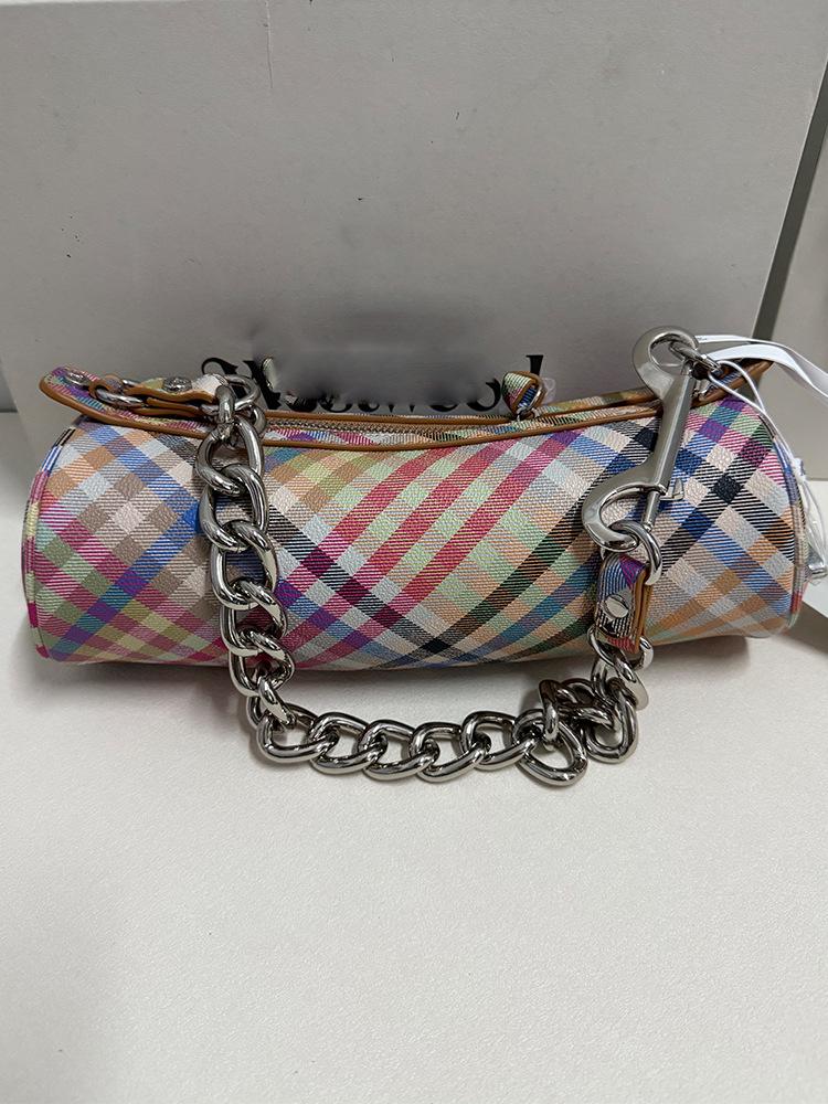 Blue & Pink Plaid Cylinder Handbag