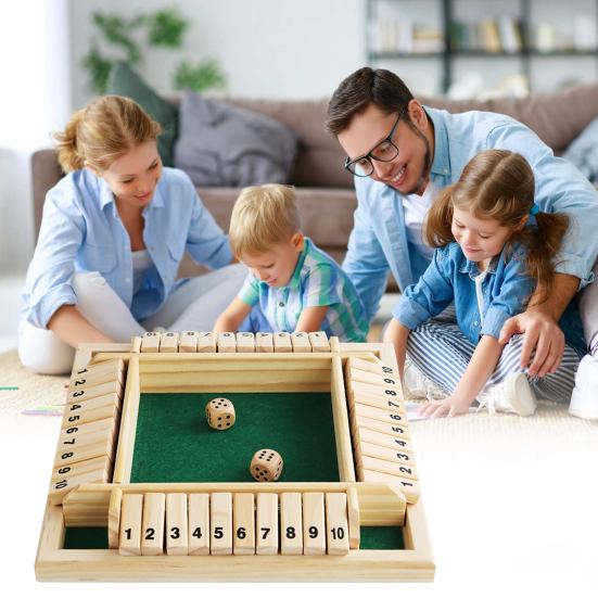 Shut The Box Board Game 4 Players Wooden Table Math Game Kids Adults Family Night Party Educational 4-Side 10 Number Dice Classic Tabletop Game