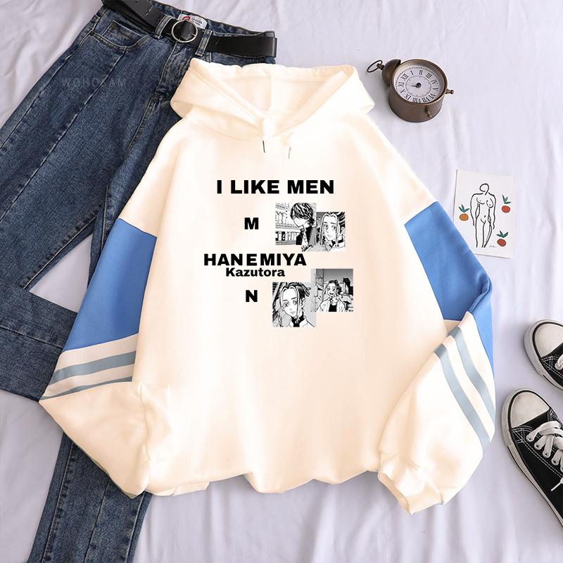 

Harajuku Аниме Tokyo Revengers Kazutora Hanemiya Лоскутные толстовки Женщины Манга Мультфильм I LIKE MEN HANEMIYA Kazutora Толстовки 4XL белый/хаки