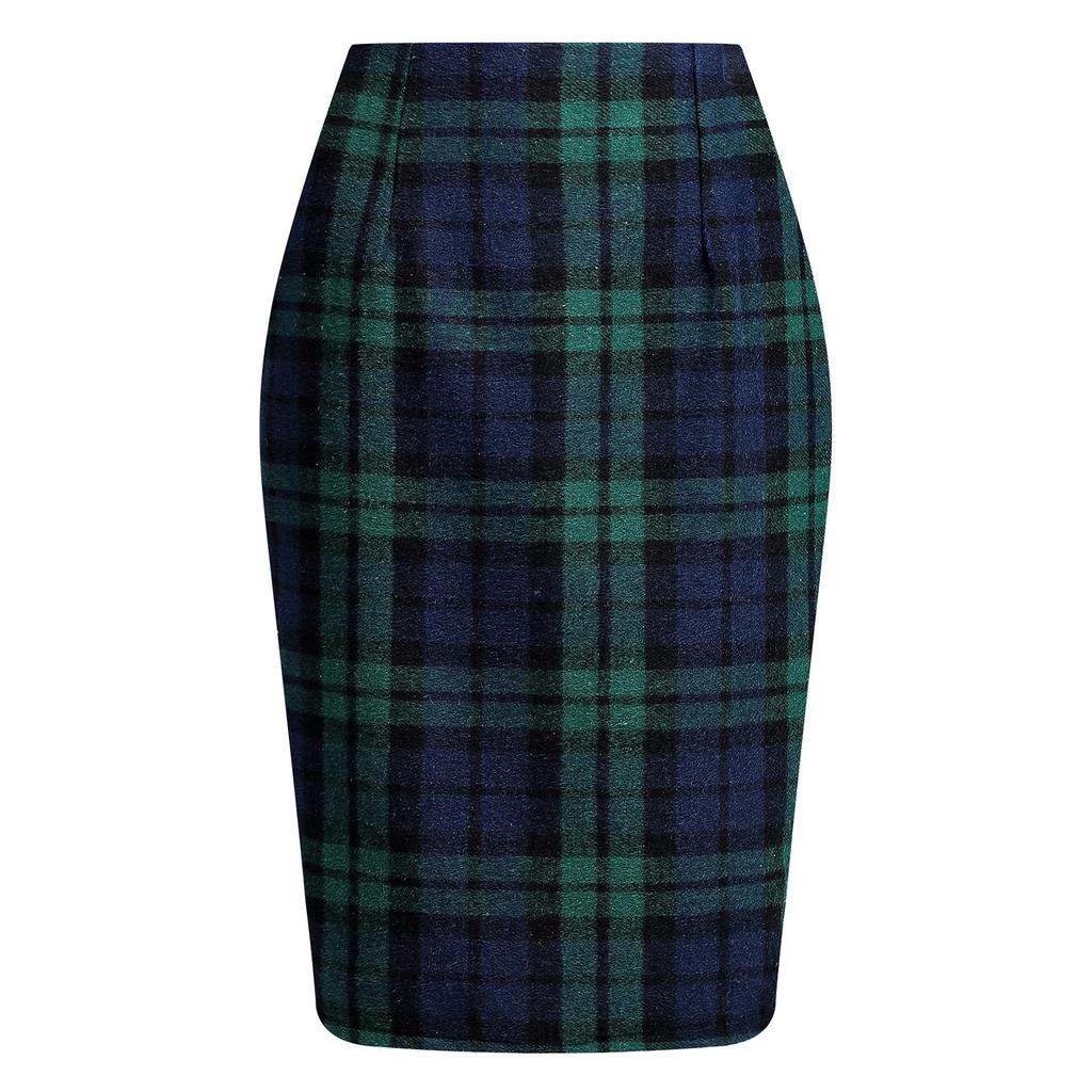 Women's High Waist Plaid Skirt Skinny Pencil Wool  Skirt