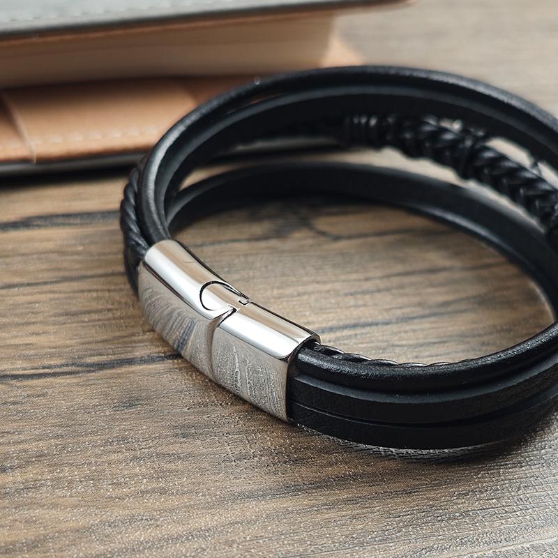 Punk Arrow Entanglement Design Men Jewelry Leather Braided Bracelets Stainless Steel Black Bracelets Fashion Male Bangle