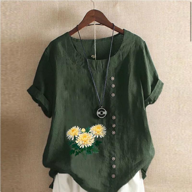 Women's Fashion Chrysanthemum  Prined Round Neck Short Sleeve T-shirt Casual Cotton Linen Graphic Shirt Leisure Loose Summer Blouse Tops