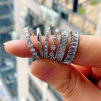 Fashion Silver Color Eternity Promise Rings For Women Inlaid Shine Micro Paved Round /Square Cz Stone Ring Wedding Party Jewelry