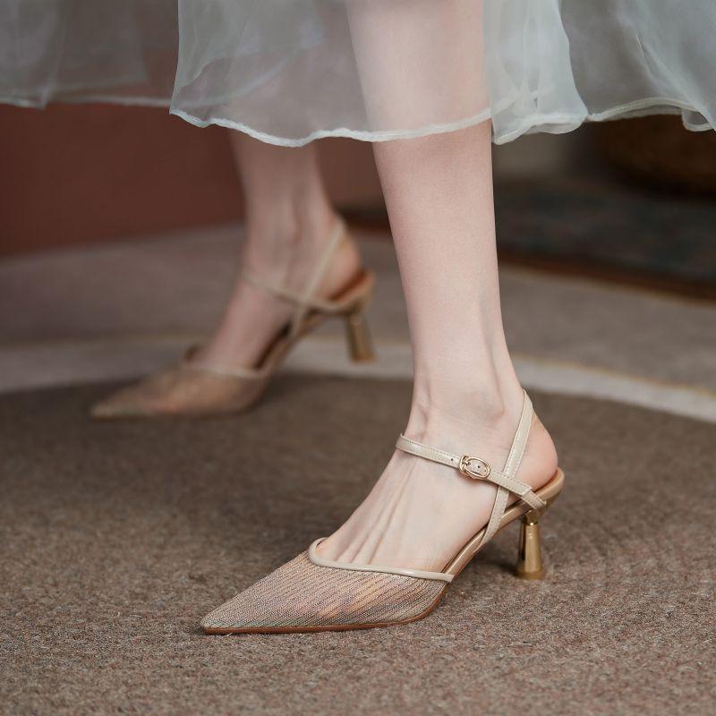 Mesh sandals fairy fairy wind bag head empty niche shoes summer new thin heel one-word buckle pointed high heels
