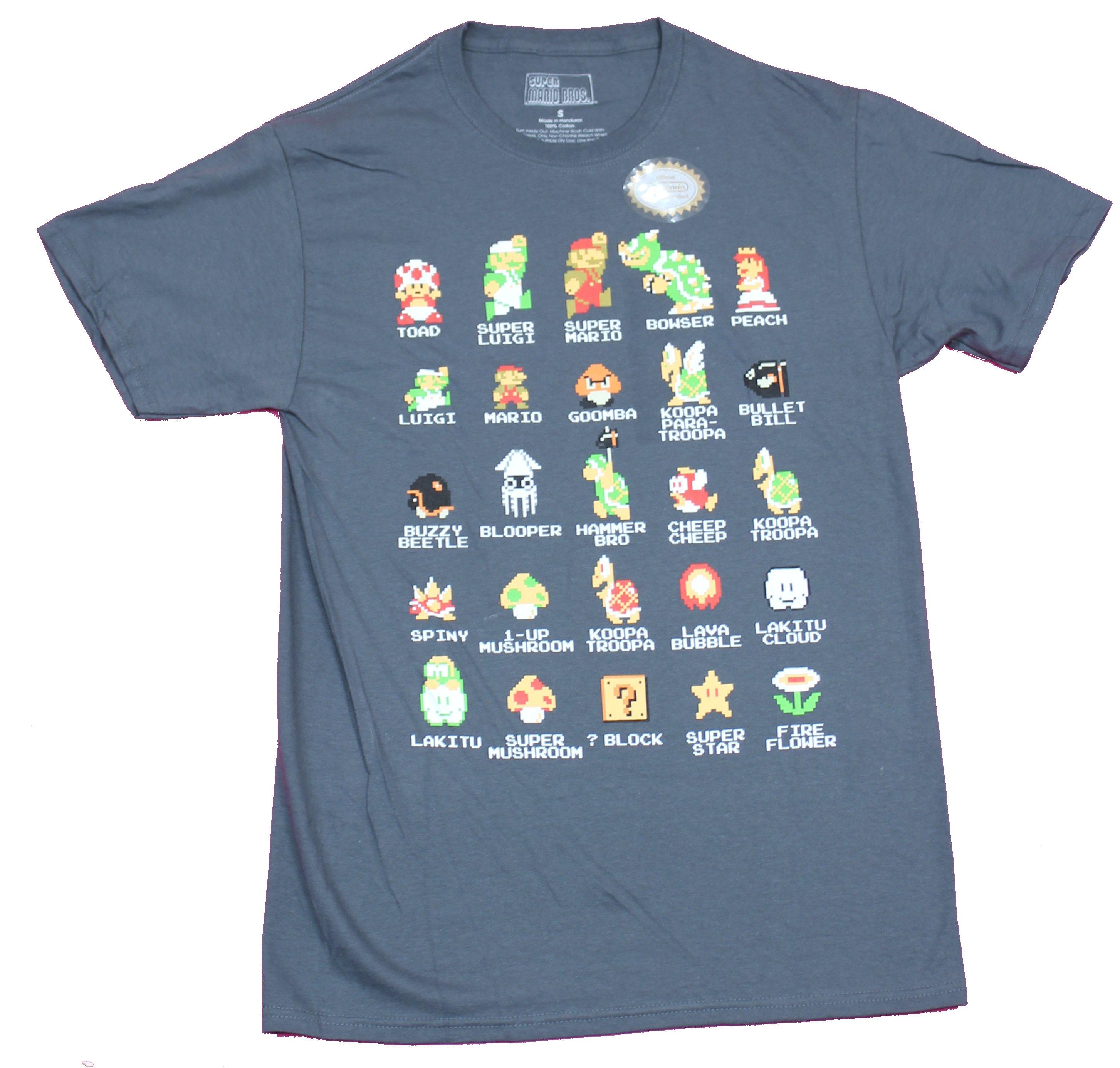 Super Mario Brothers Mens T-Shirt - Named 8-Bit Pixel Characters XXL