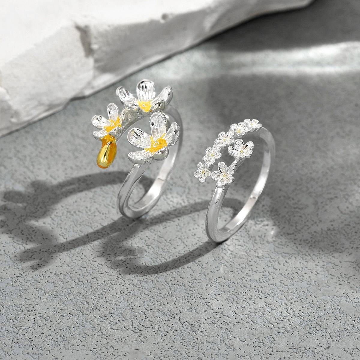 

2 pcs Trendy Sweet Pastel/Yellow Enamel Flower Ring Set Multi-Flower Open Ring For Women Vacation & Casual Wear