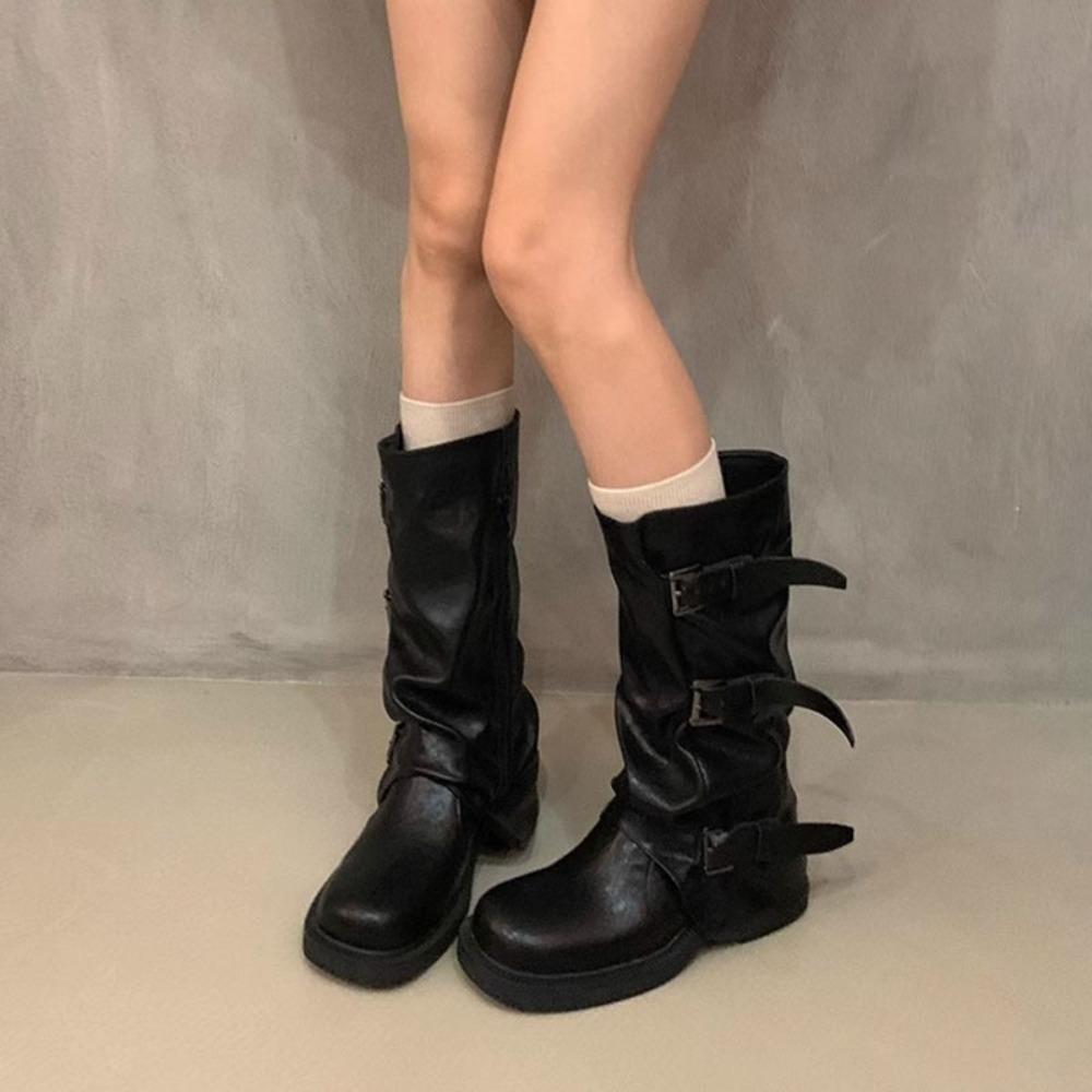 Comemore Vintage Chunky Heel Mid Thigh Boots Western Cowboy Stacked Shoes for Women Early Autumn Black Leather Mid Calf Botas