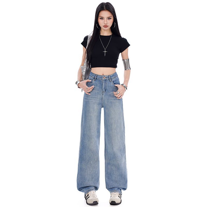 Spring Summer Vintage High Waist Relaxed Slim Straight Floor Wide Leg Denim Pants For Ladies Casual Pants Oversize Denim Trousers
