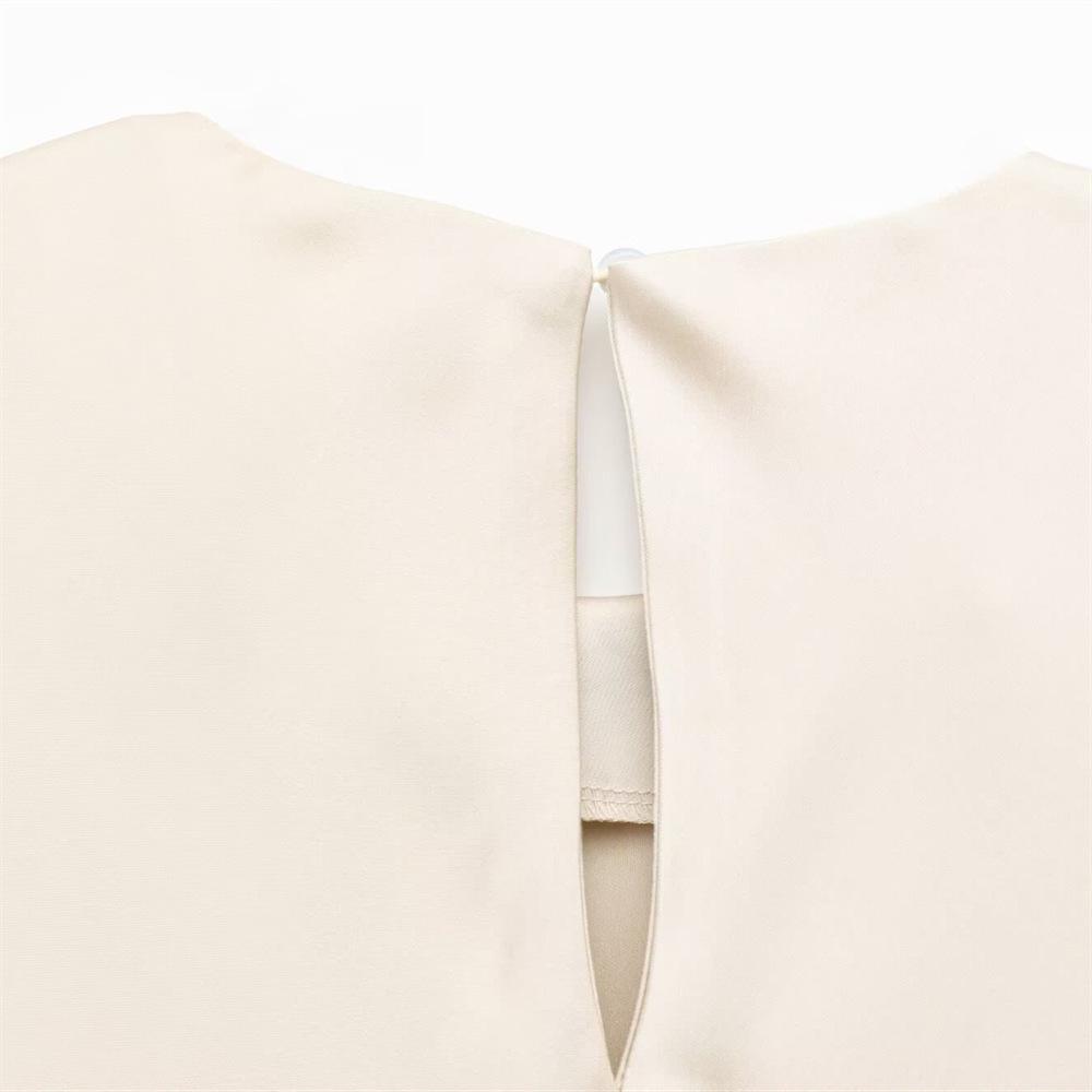 2025 Spring/Summer Women's Silk Satin Pleated Pullover Dress with Round Neck and Short Sleeves