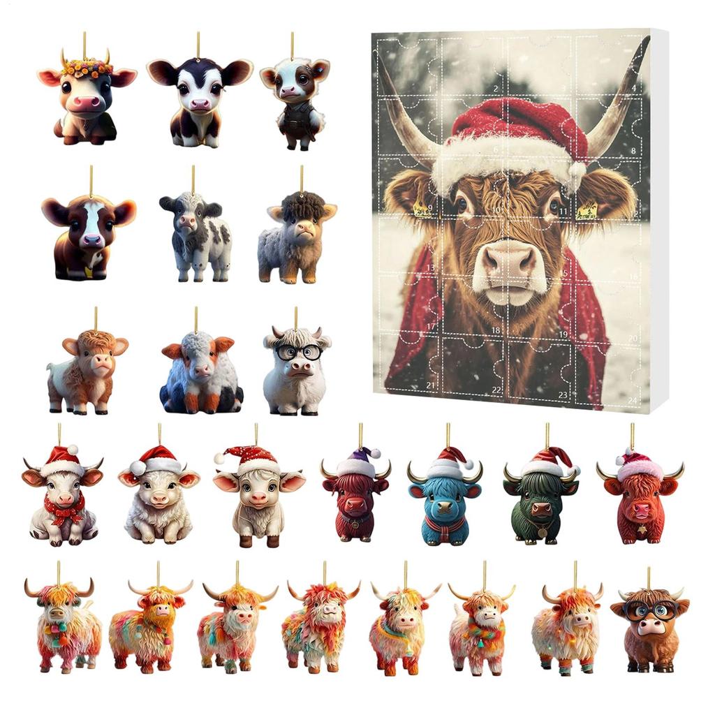 Christmas Advent Calendar 24 Days Highland Cow Ornaments 2D Acrylic Cute Animal Christmas Tree Decorations Xmas Countdown Gifts