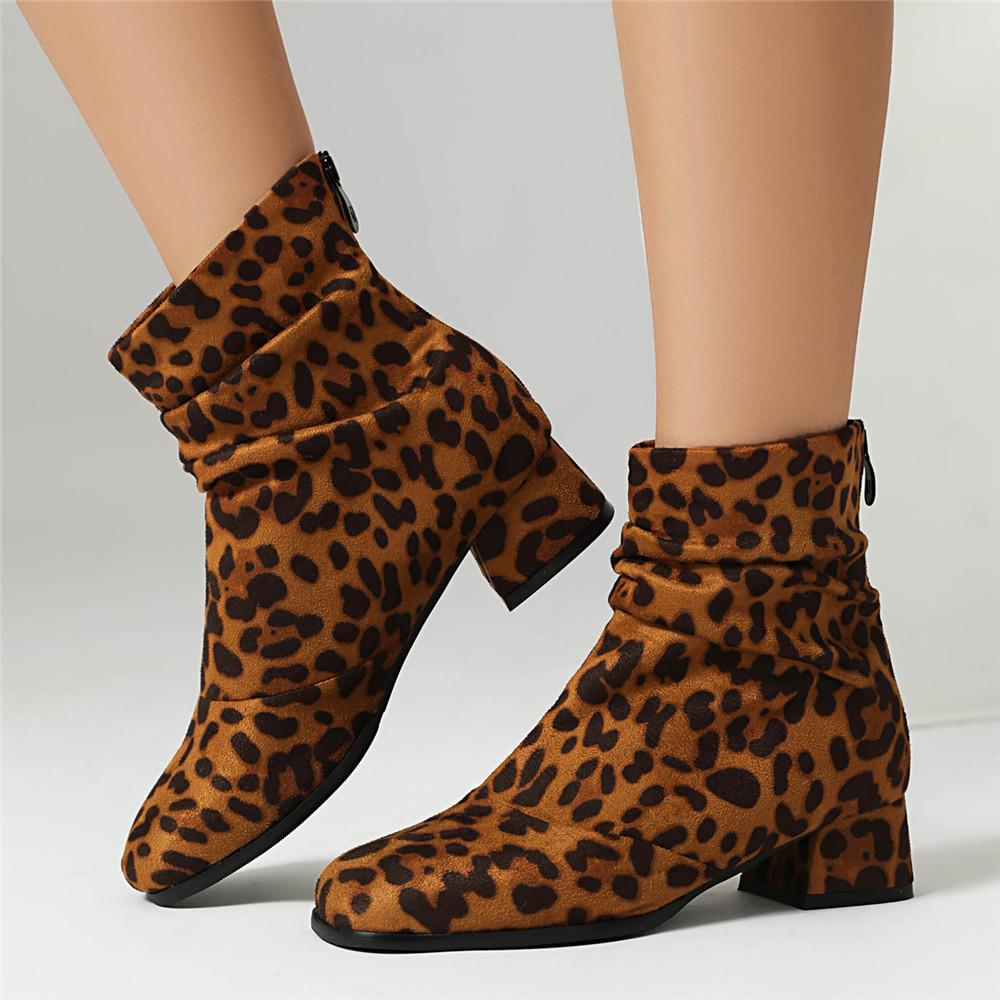 Fashion Zippers Fashion Round Toe Women Ankle Boots With Low Heel Shoes Female Leopard Print Footwear Ladies Pleated Boots Modern Boots