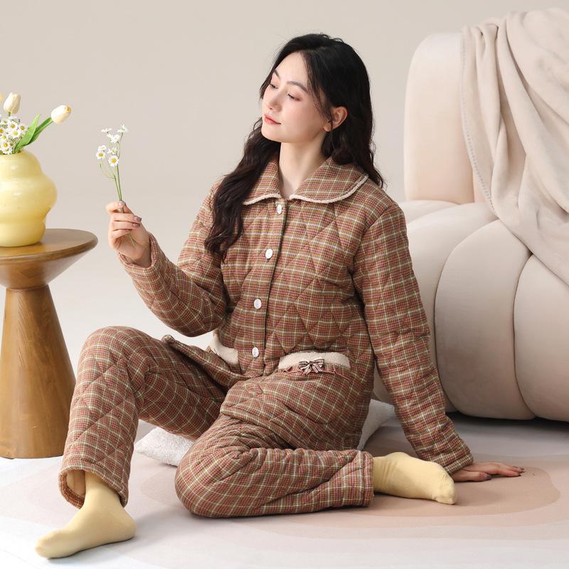 Pajamas Women'S Winter Three-Layer Thickened Fleece Woven Cotton Padded Coral Fleece Autumn And Winter Loungewear