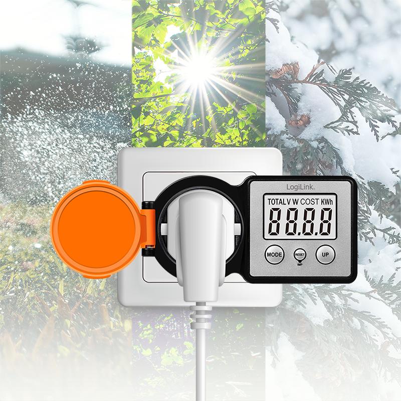 LogiLink IP44 LCD 3600 W CEE 7/3 + 7/7 Outdoor Socket with Energy Meter Black