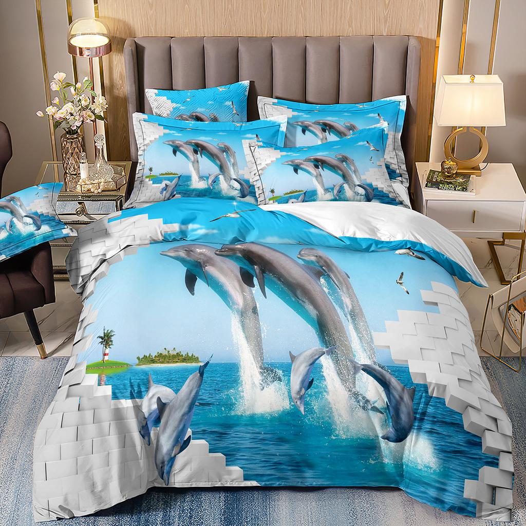 3D-gedruckte Heimtextilien Bettwäsche Delfin Meeresschildkröte Meerestier Quilt-Set Dreiteiliges Set