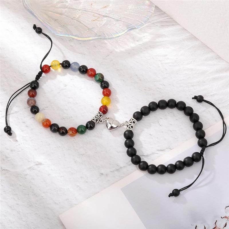 Trendy Couple 2Pcs/Set Natural Stone Beads Love Heart Magnetic Bracelet For Women Men Charm Peach Beaded Bracelets Jewelry Gifts