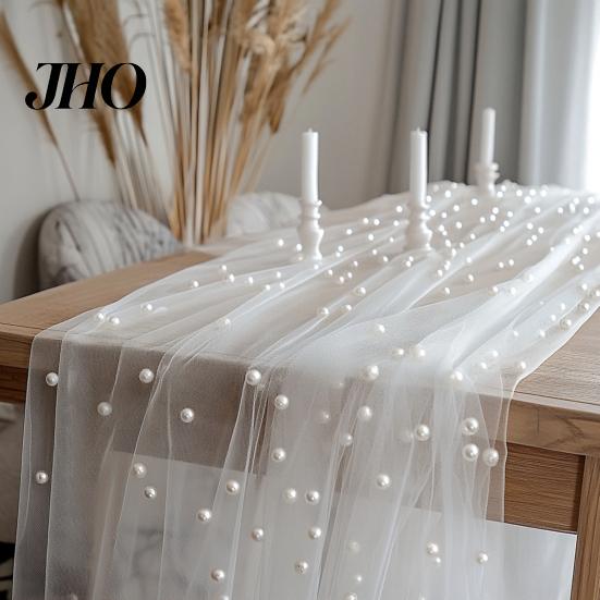 Table Runner for Home Faux Pearl Gauze Boho Sheer Tulle Fabric Party Decoration Wedding Bridal Shower Birthday Dining Decor Festive