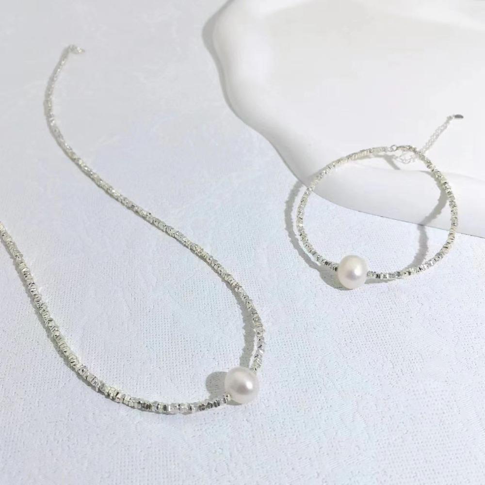 S925 Silver Plated Pearl Necklace Women Luxury Minimalist Jewelry Set with Broken Silver Bracelet Elegant Collarbone Chain