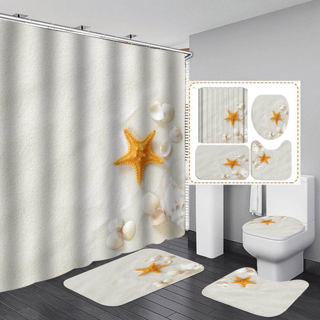 4ks Beach Starfish Series Sady sprchových závěsů do koupelny Protiskluzové Koupelnové koberečky Víko WC Kryt Koupelnová předložka
