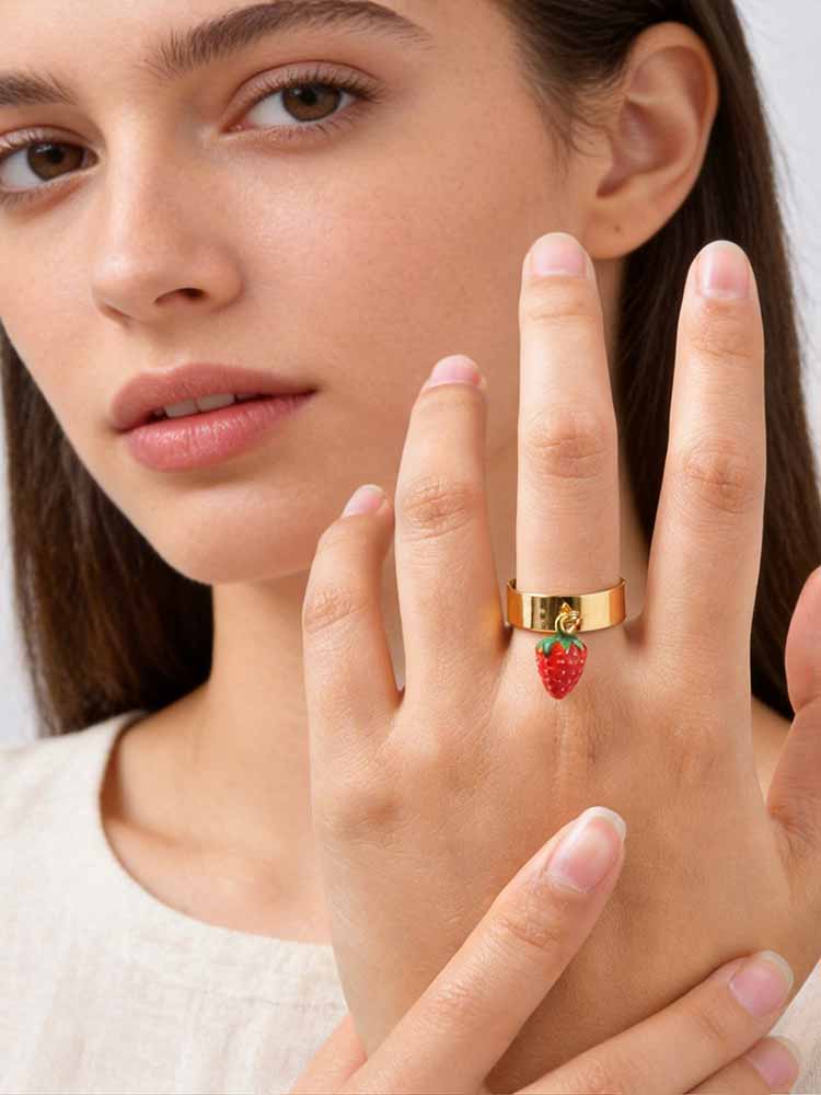 Strawberry Ring Stainless Steel Gold Open Adjustable Fashion Fruit Jewelry for Women Cute Gift