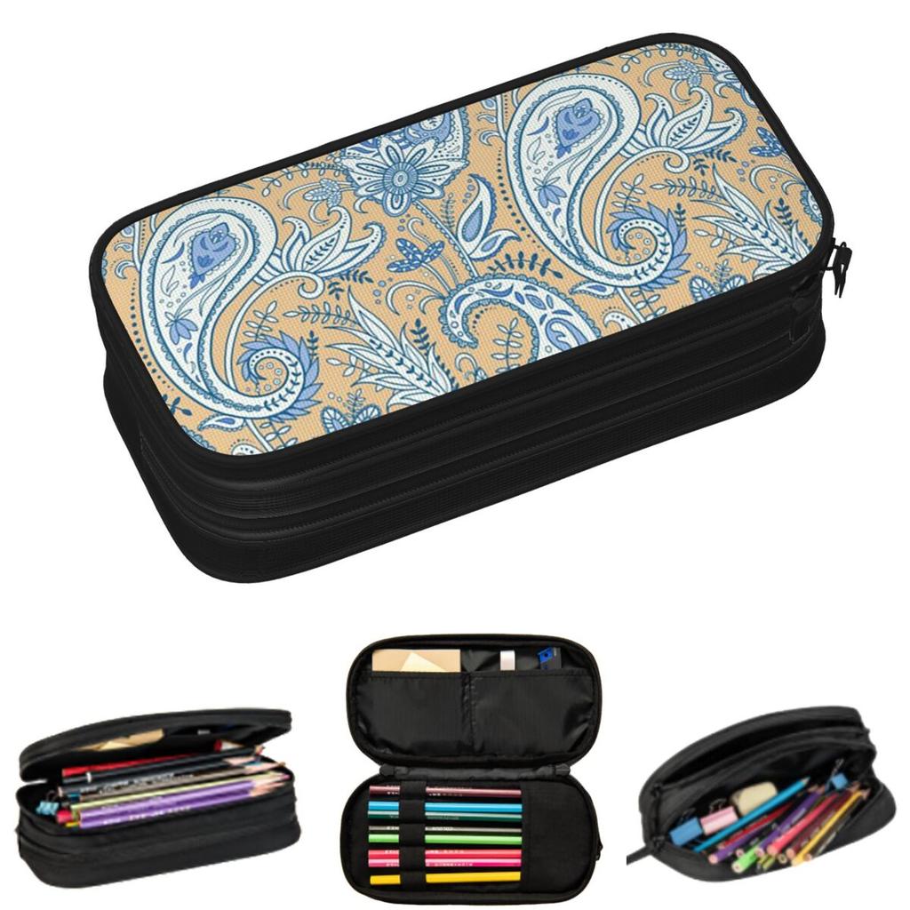 Paisley White Brown Blue Decorative Pencil Cases for Students School Pen Box Pencil Bag Big Capacity Pencil Pouch