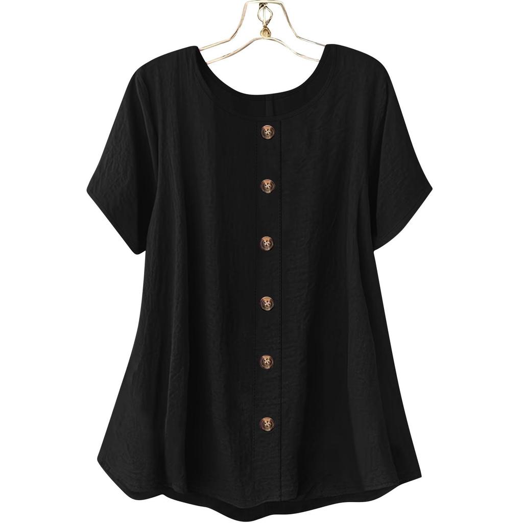 Top Camiseta Feminina Fashionável de Manga Curta com Gola Redonda e Decoração de Botões -Cor Única