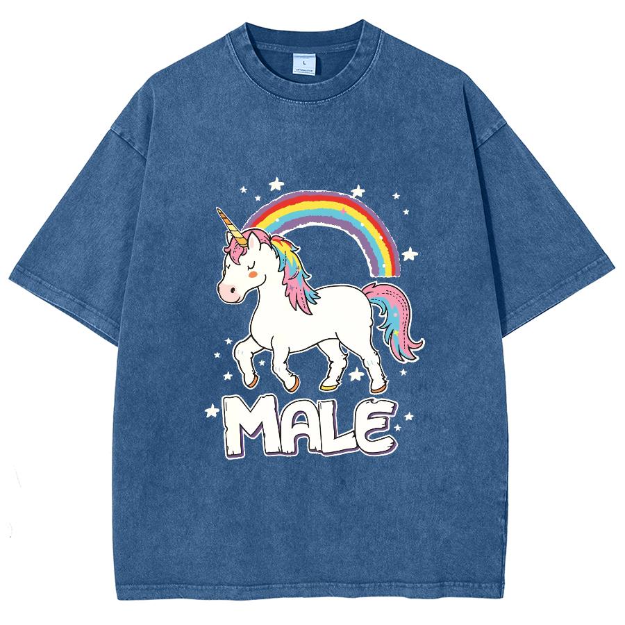 Letnia Koszulka Damska Bawełniana Zmywana Z Nadrukiem Tęczowego Jednorożca Oversize Luźna Krótki Rękaw Urocza Modna Wysokiej Jakości Góra