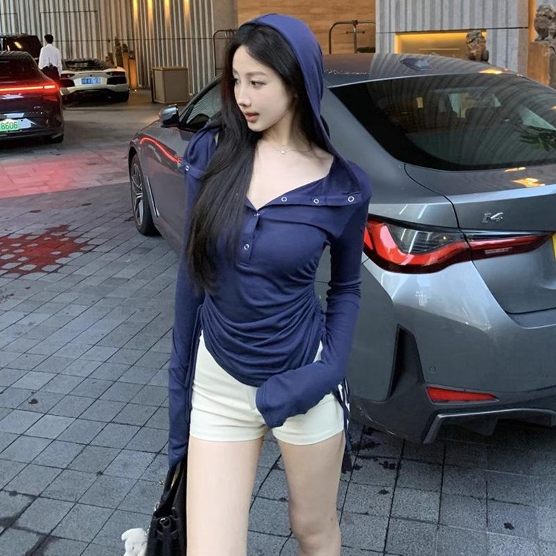 

Футболка Sweet Hot Girl с капюшоном и длинными рукавами для женщин, дизайн ранней осени, плиссированная, со шнурком, облегающая, с внутренней стороны, нижняя часть рубашки, верхняя часть XL