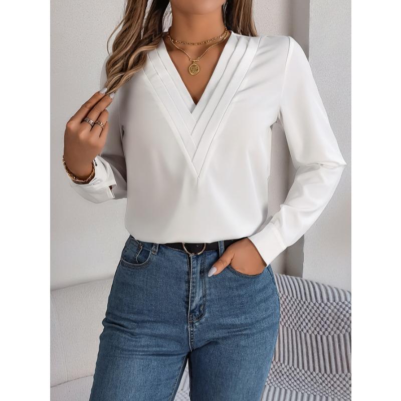 Elegant Fashion Layered V-neck Long Sleeved Women Shirt Solid Color Loose Casual Simple Office Blouse Ladies Basic Spring Autumn Tops Women's Clothing