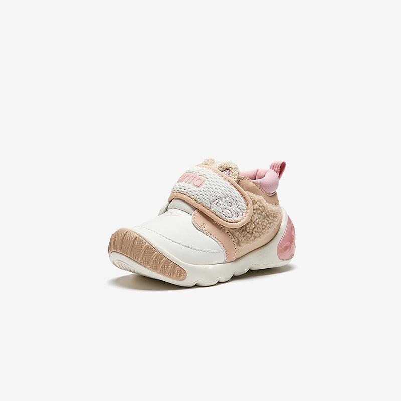 Anta Kids Synthetic Leather Outdoor Series 5U Fleece Lightweight Shock Absorbing Warm Low Top Walking Shoes Baby Shoes White Khaki Pink A22440058-2