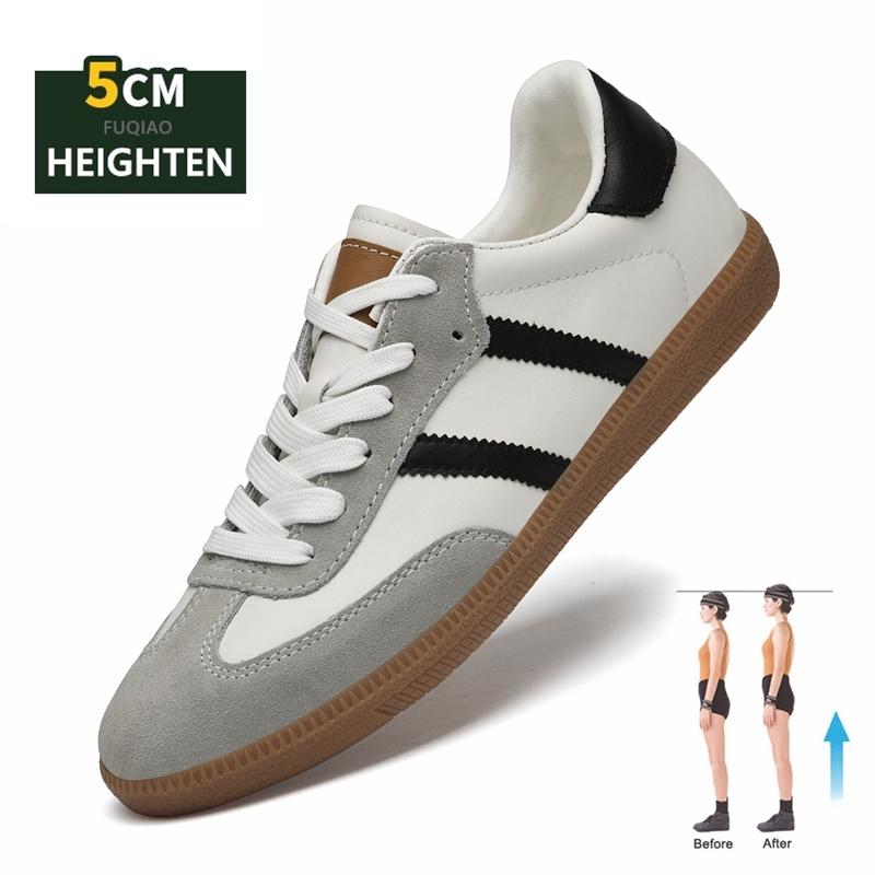Cow Leather Elevator Sneakers Couple's Casual Shoes with Height Increase Lightweight Anti-Slip Sports Flat&5cm Sheepskin Lining