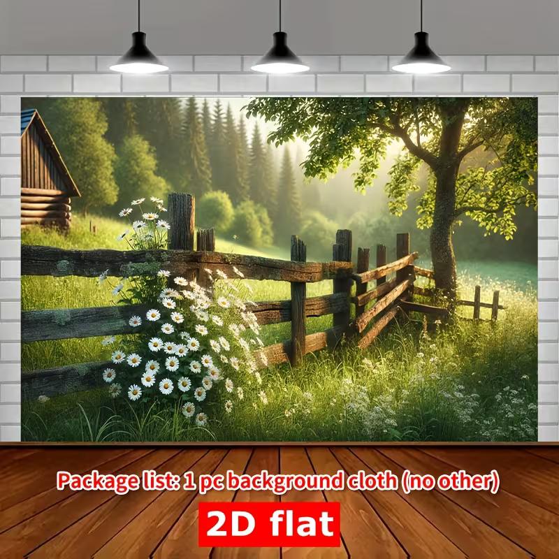 

2D Spring Farm Backdrop Cloth Green Forest Cabin Wooden Fence Photography Background 47.2x31.5inch/120*80cm