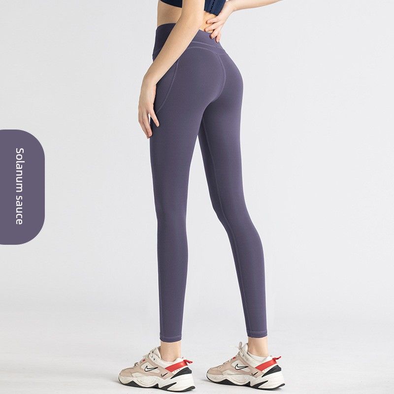 

Yoga European and American High Waist Pocket Stretch Workout Pants Sauce Eggplant Purple L