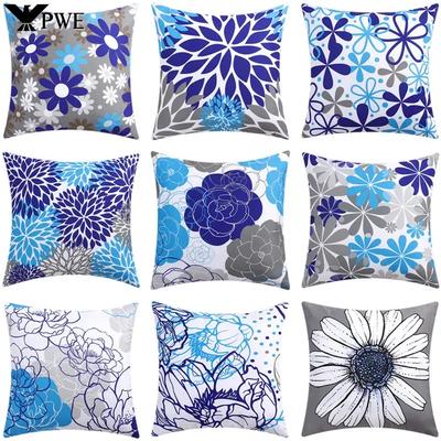 Blue Floral Printed Cushion Cover 45x45cm Modern Sofa Car Decorative Throw Pillow Covers Office Waist Cushion Pillowcase