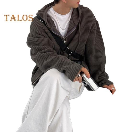 Herren Herbst Winter Pullover Mantel Mit Kapuze Kordelzug Lockerer Reißverschluss Lange Ärmel Kordelzug Mittellange Einfarbige Retro Strickjacke