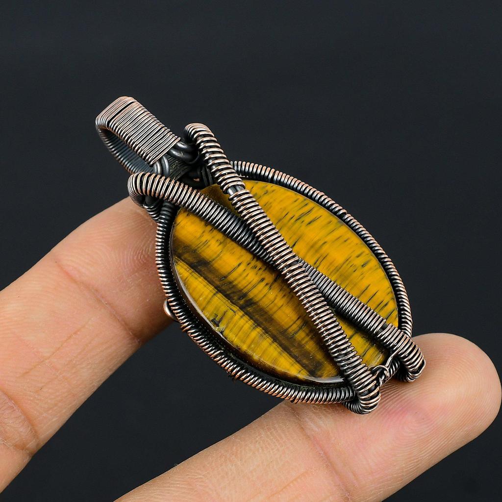 Tiger Eye Pendant, Handmade Gemstone 999 Copper Wire Wrapped Pendant Antique Jewelry, For Gift Silver Jewelry