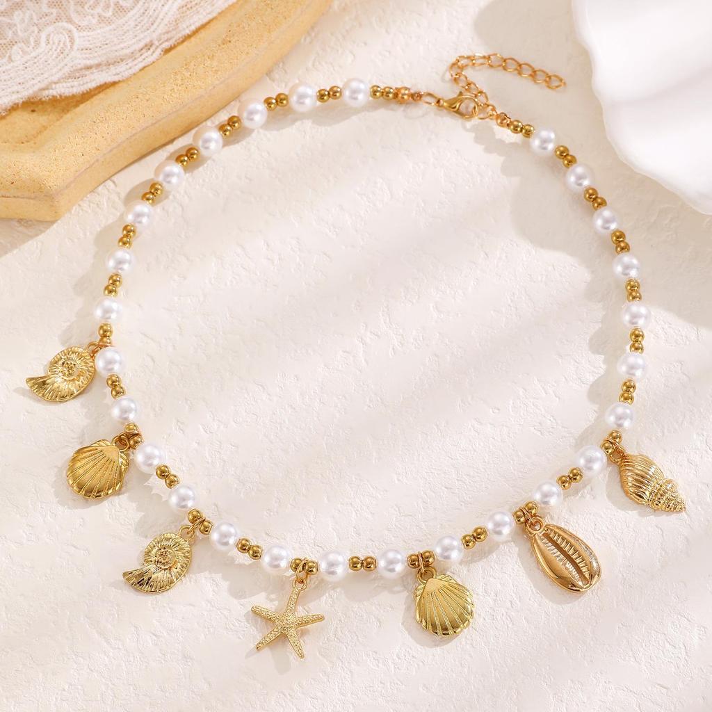Bohemian Starfish & Seashell Faux Pearl Beach Necklace for Women