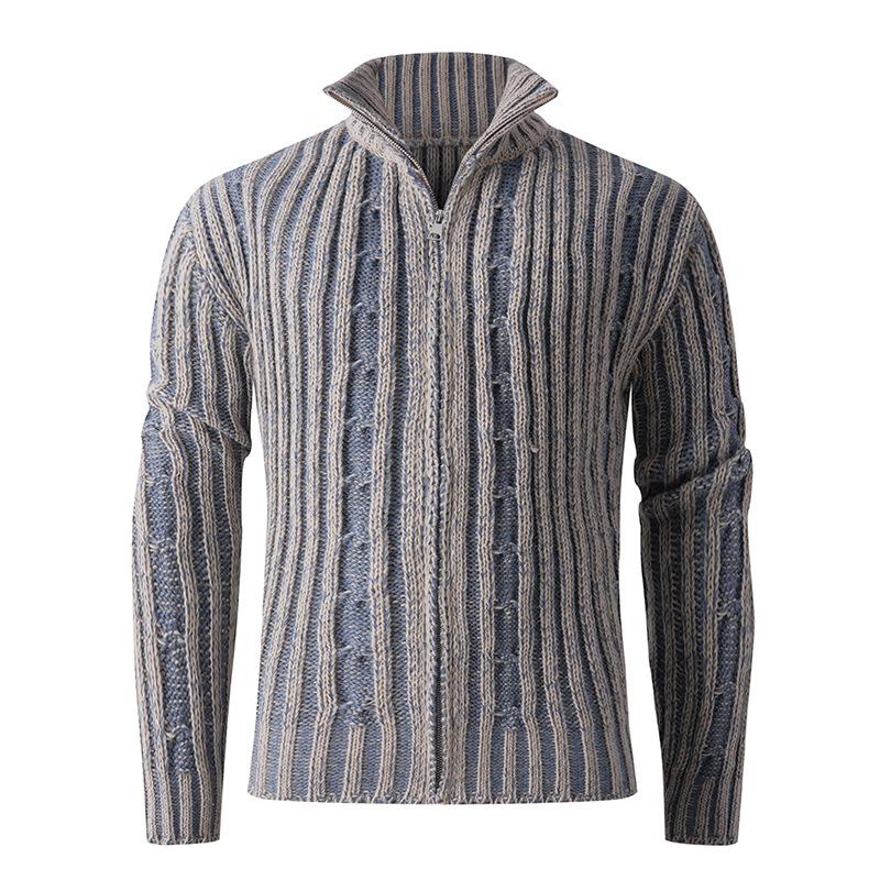 Autumn And Winter Men'S Striped Knitted Sweater American Contrasting Color Semi-Turtleneck Cardigan Sweater Jacket