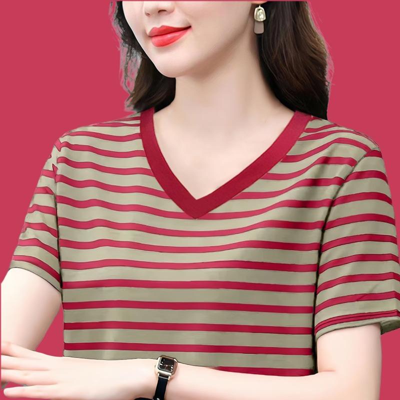 Sommer V-Ausschnitt Oberteil Baumwolle Gestreift Kurzarm T-Shirt Damen Locker T-Shirt