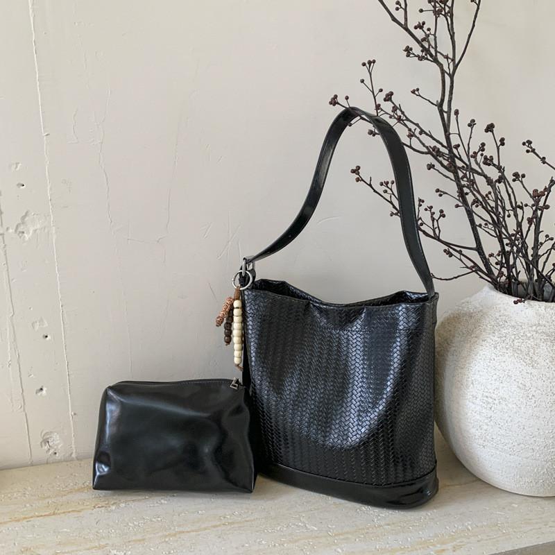 IELGY Ladies Messenger Bag Woven Pattern Bucket Bag Solid Color All-Match One Shoulder