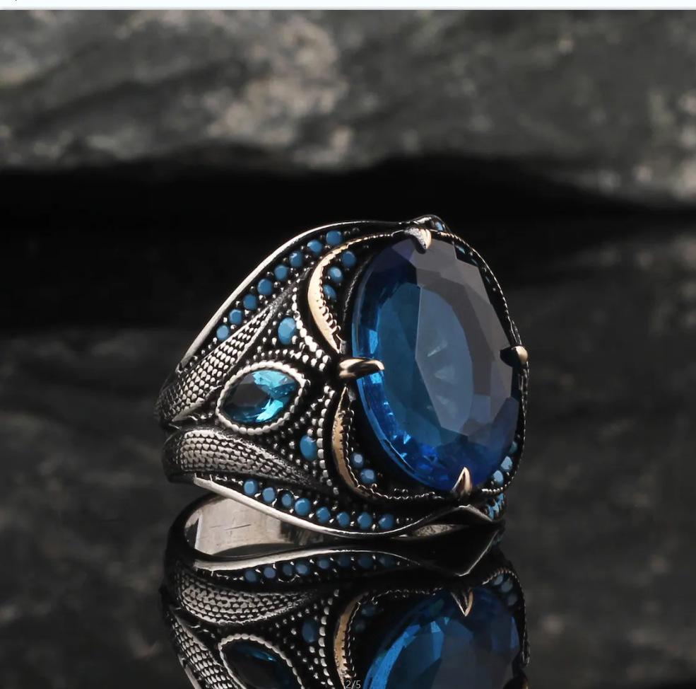 

Sapphire temperament men s ring personality retro punk zircon accessories 6 синий