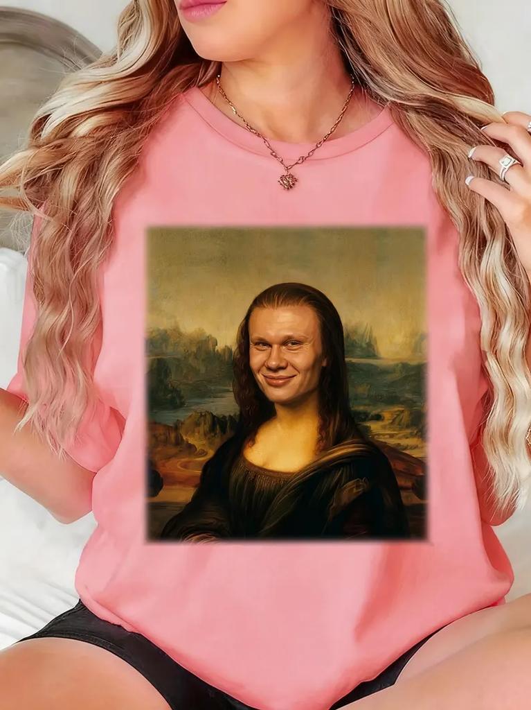 Summer Funny Erling Haaland Mona Lisa Meme TShirt Cotton Unisexs Womens YK Short Sleeve Round Neck Loose Shirt