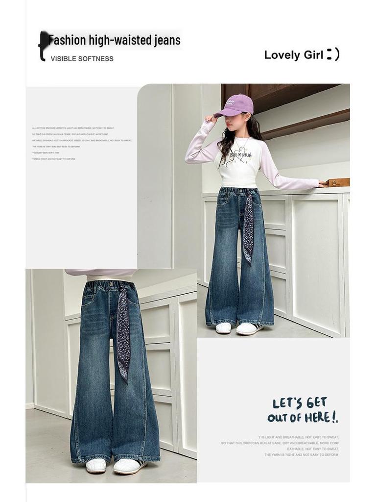 Girls' Korean Style Wide-Leg Trousers: Trendy Spring & Autumn Jeans for Junior High Students