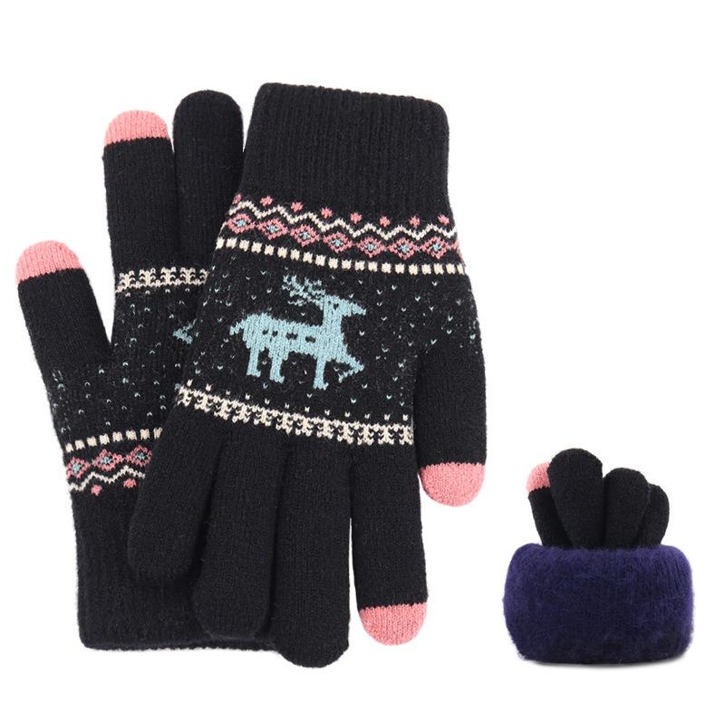 New Jacquard Double-layer Deer Touch Screen Gloves Autumn and Winter Women's Fleece Thickened Warm Wool Gloves